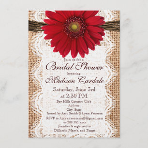 Invitaciones a la ducha de novias Red Daisy Burlap