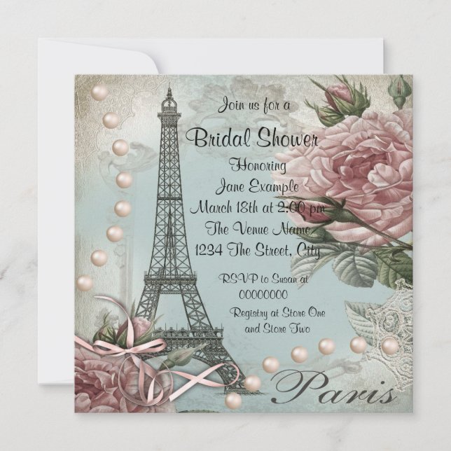 Invitaciones a la ducha de novias rosadas en París (Anverso)