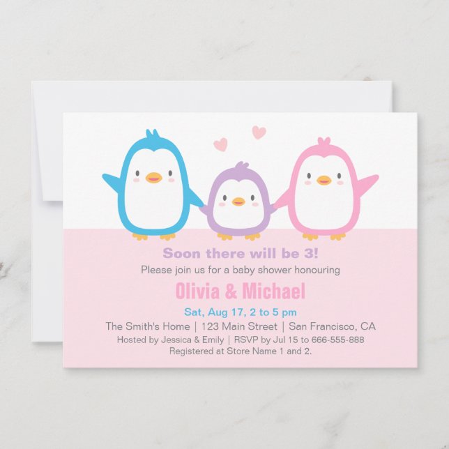Invitaciones a la ducha de pingüino para familias (Anverso)