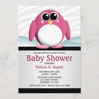 Invitaciones a la ducha de pingüino rosado
