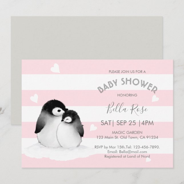 Invitaciones a la ducha de pingüino rosado (Anverso / Reverso)