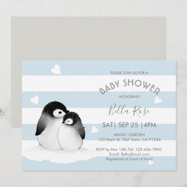 Invitaciones a la ducha de pingüinos grises azules (Anverso / Reverso)