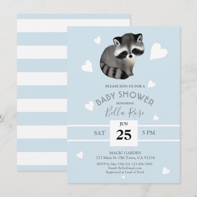 Invitaciones a la ducha de Raccoon Gris Azul (Anverso / Reverso)