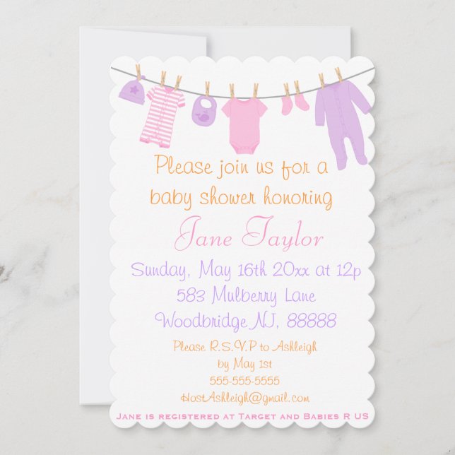 Invitaciones a la ducha de ropa rosa y púrpura (Anverso)