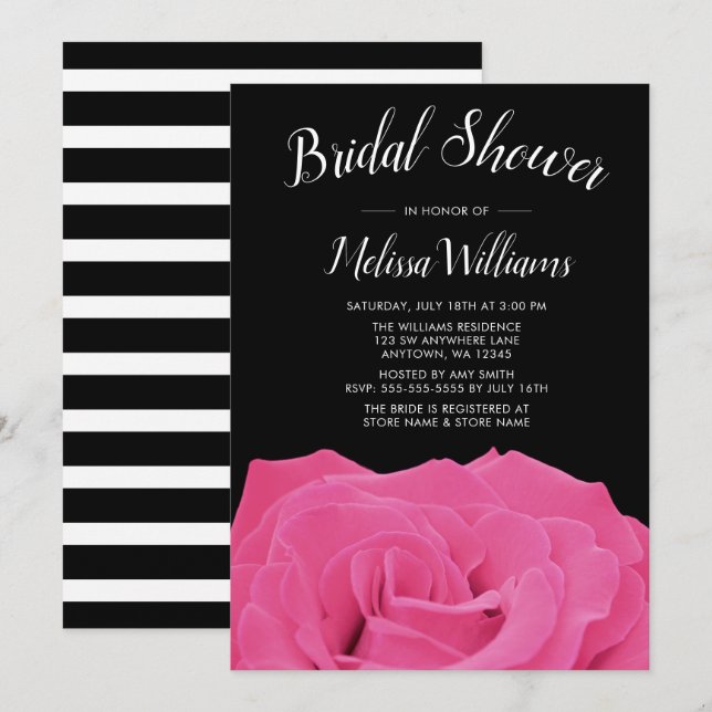 Invitaciones a la ducha de Rosa rosa y negro (Anverso / Reverso)