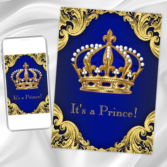 Invitaciones a la ducha del bebé del príncipe real (Royal blue gold prince crown any occasion invitation.)