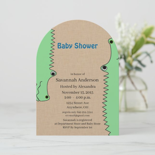 Invitaciones a la ducha del niño bebe del lagarto (Anverso de pie)