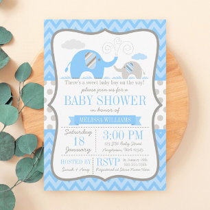 Invitaciones a la ducha elefante azul gris