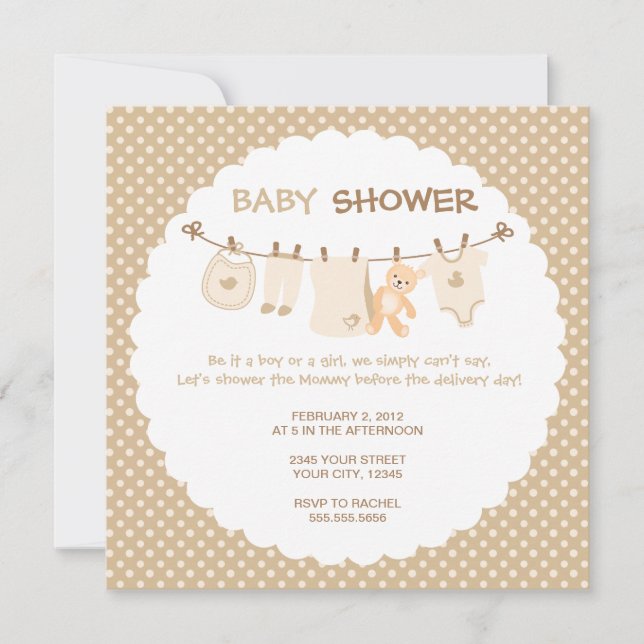 Invitaciones a la ducha en línea Beige Baby Clothe (Anverso)