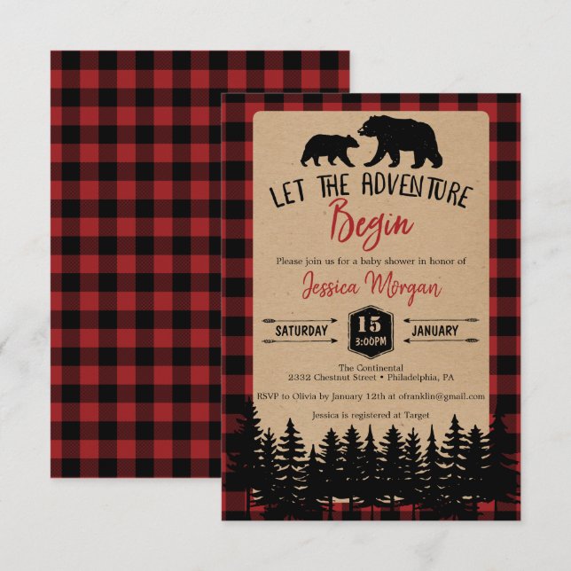Invitaciones a la ducha Flannel Adventure Baby (Anverso / Reverso)