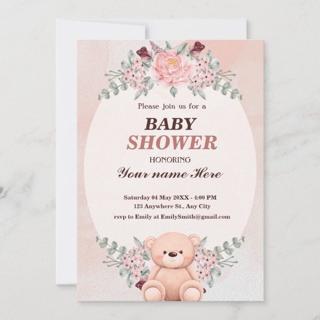 Invitaciones a la ducha Floral Cute Bear Baby para (Anverso)