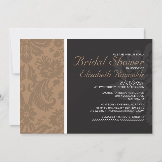 Invitaciones a la ducha marrón damasco (Anverso)