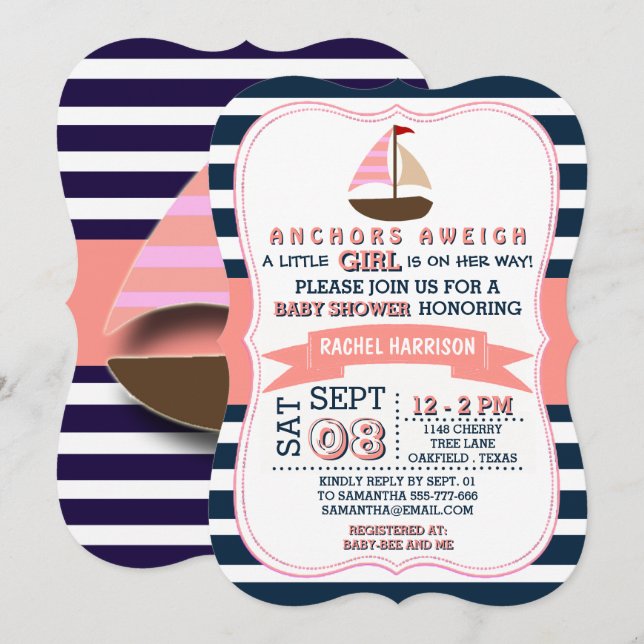 Invitaciones a la ducha Náutica Nautical Boat Baby (Anverso / Reverso)