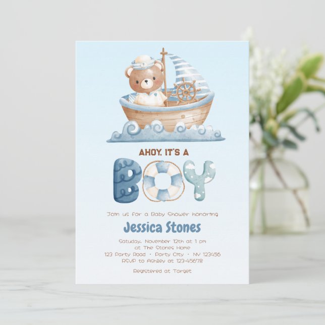 Invitaciones a la ducha Nautical Bear Boy Baby (Anverso de pie)