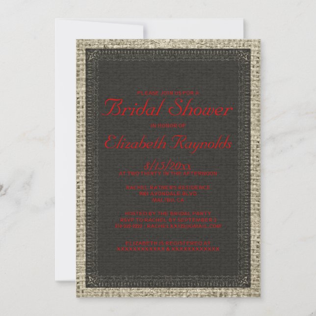 Invitaciones a la ducha nupcial Black & Red Burlap (Anverso)