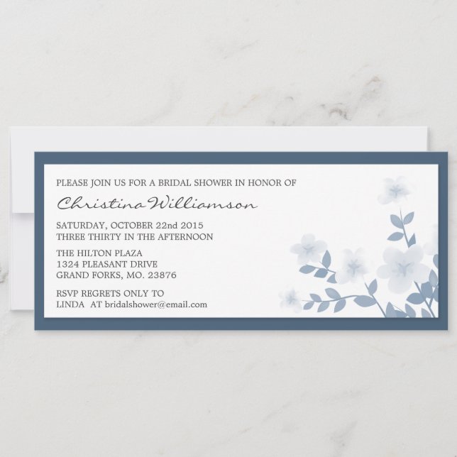 Invitaciones a la ducha nupcial Blue Long Floral B (Anverso)