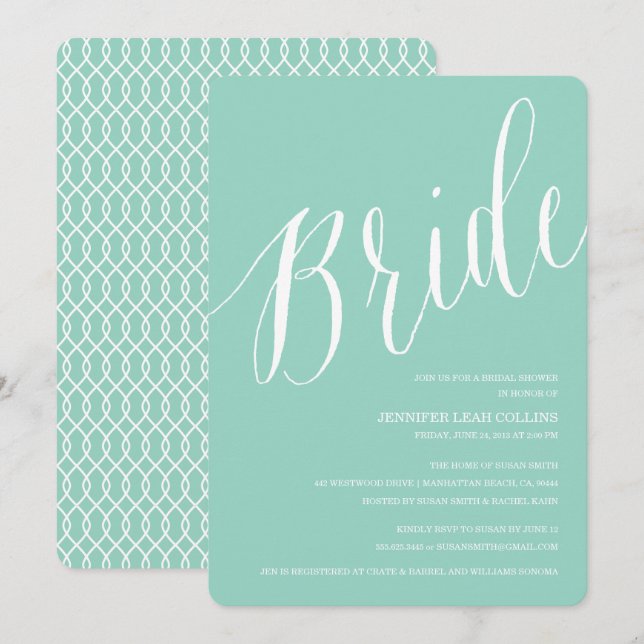 Invitaciones a la ducha nupcial de caligrafía azul (Anverso / Reverso)