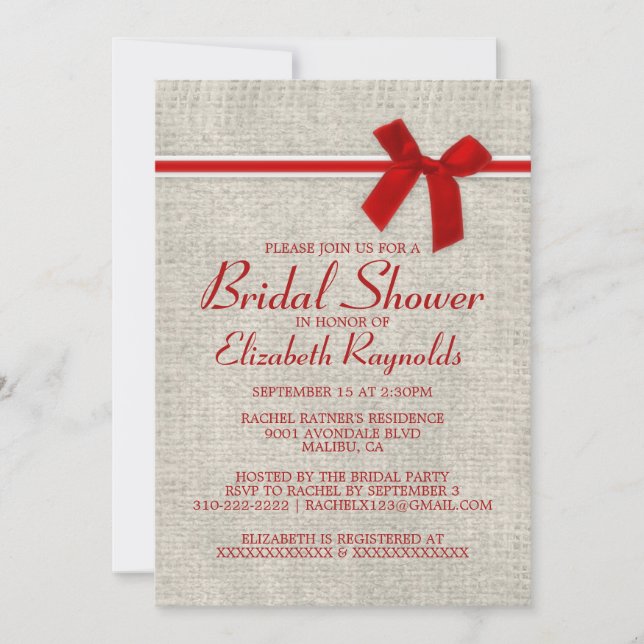 Invitaciones a la ducha nupcial de color rojo rúst (Anverso)