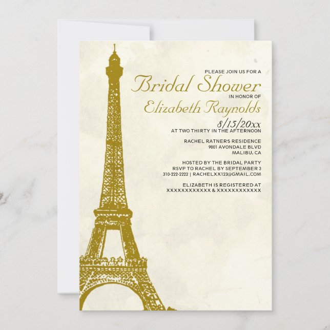 Invitaciones a la ducha nupcial de la Torre Eiffel (Anverso)
