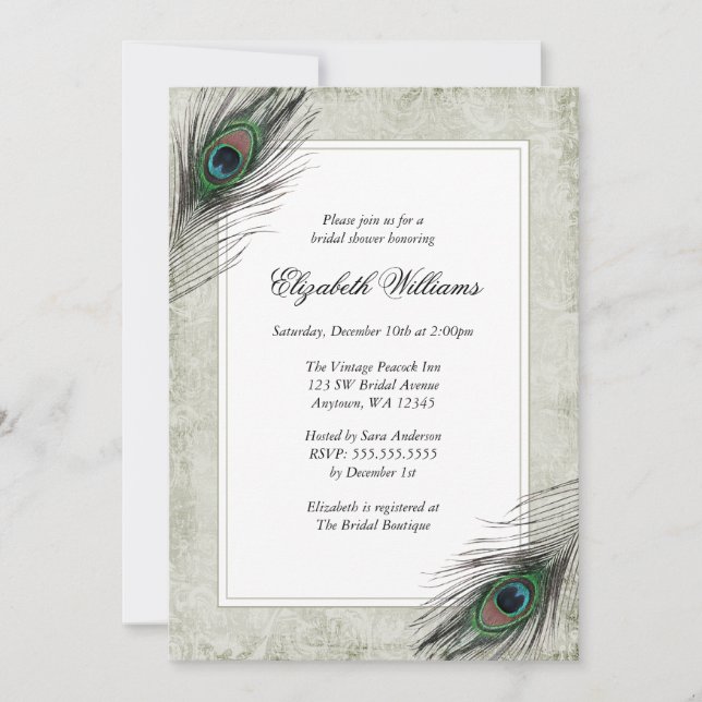 Invitaciones a la ducha nupcial de plumas de pavo  (Anverso)
