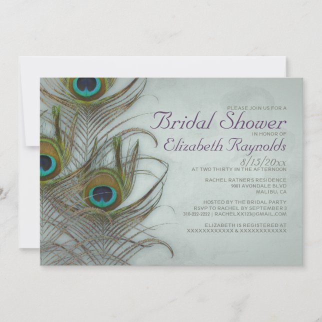 Invitaciones a la ducha nupcial de plumas de pavo  (Anverso)
