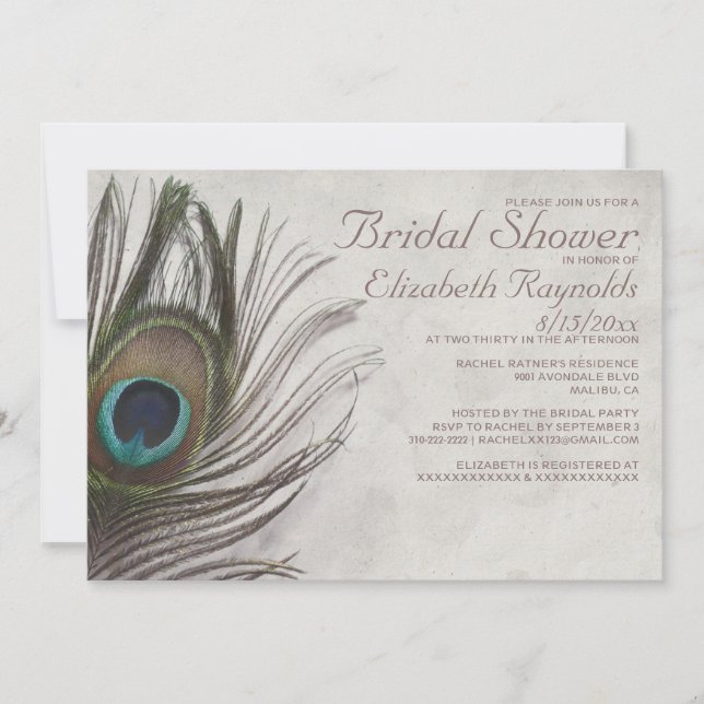 Invitaciones a la ducha nupcial de plumas de pavo  (Anverso)