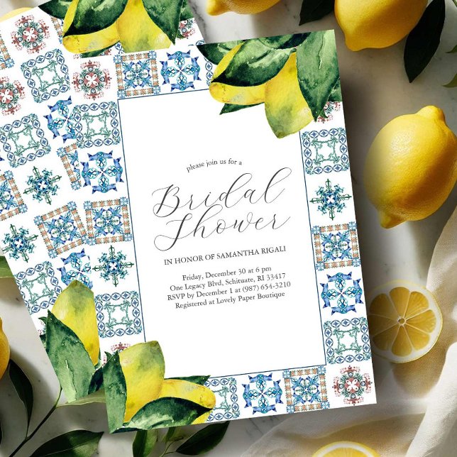 Invitaciones a la ducha nupcial Elegante Amalfi Ti (Amalfi coast bridal shower theme invitations with blue & yellow watercolor Victoria Grigaliunas)