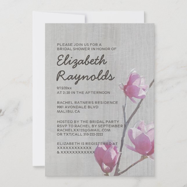 Invitaciones a la ducha nupcial Magnolias (Anverso)