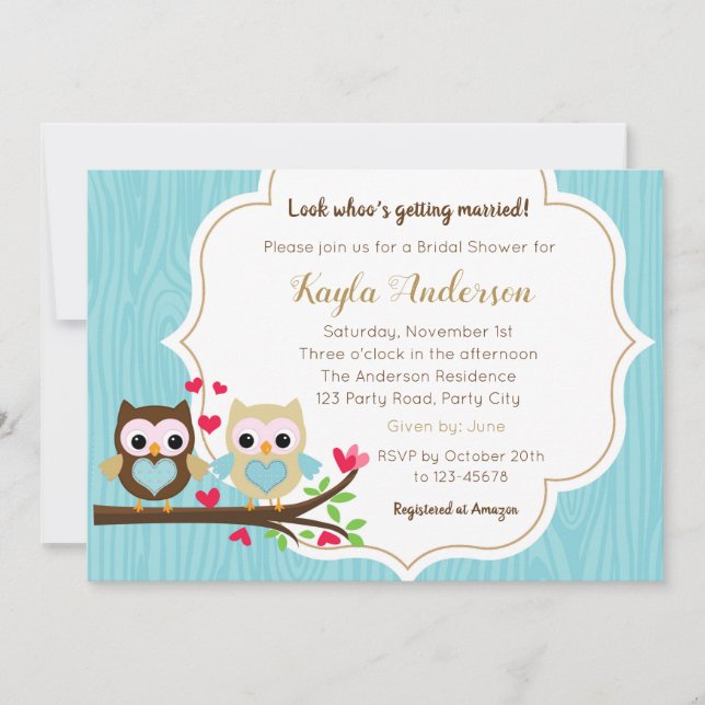 Invitaciones a la ducha nupcial (Oro Azul) con búh (Anverso)