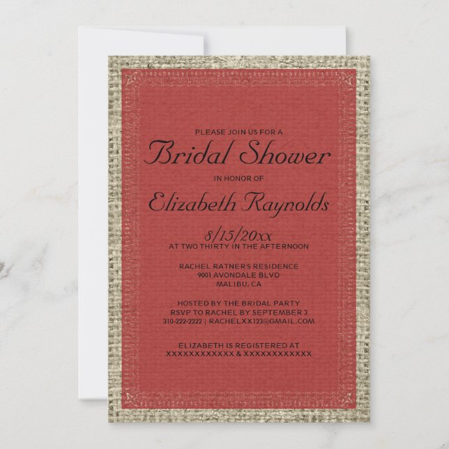 Invitaciones a la ducha nupcial Red & Black Burlap (Anverso)