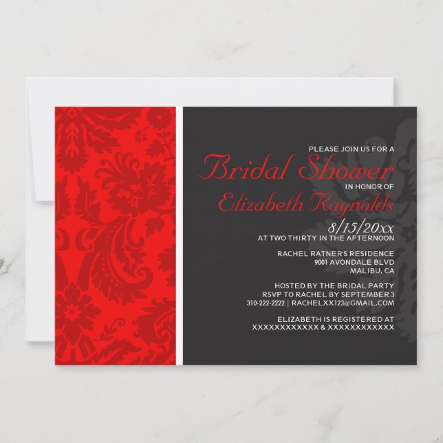 Invitaciones a la ducha nupcial Red Damask (Anverso)