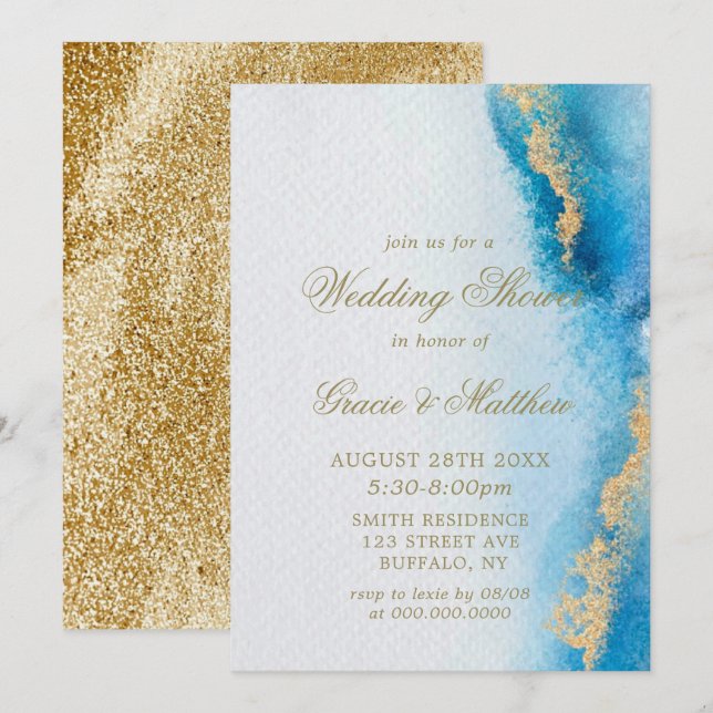 Invitaciones a la ducha Ocean Blue Gold Agate Wedd (Anverso / Reverso)