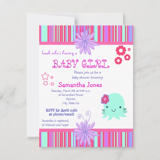 Invitaciones a la ducha Octopus Pink Baby (Anverso)