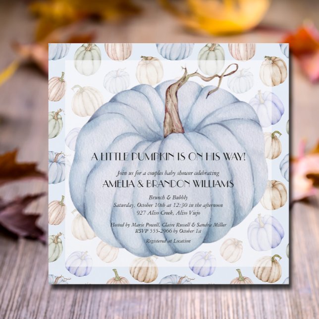 Invitaciones a la ducha para bebé (Blue pumpkins boy baby square shower invitations, INSTANT DOWNLOAD and/or PRINTED)
