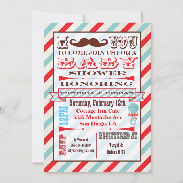 Invitaciones a la ducha para bebés con bigote (Anverso)
