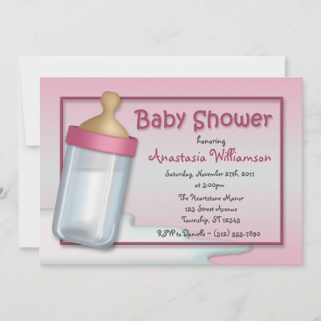 Invitaciones a la ducha para bebés con botella ros (Anverso)