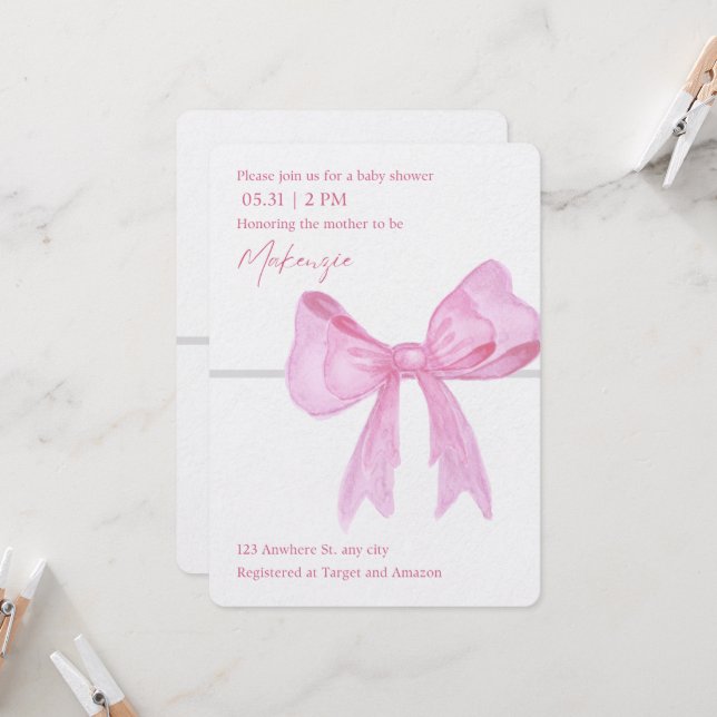 Invitaciones a la ducha para bebés con cinta rosa (Anverso/Reverso In Situ)
