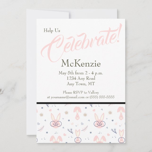 Invitaciones a la ducha para bebés con conejito (Anverso)