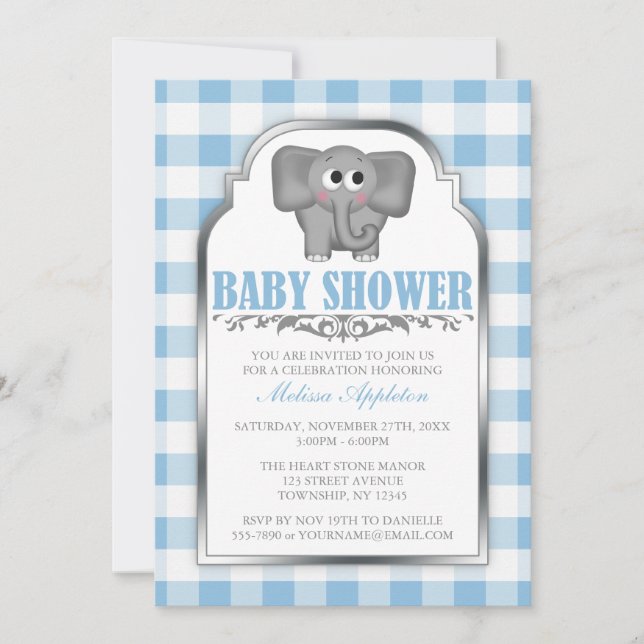 Invitaciones a la ducha para bebés con elefante az (Anverso)