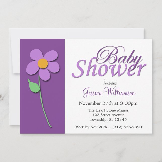 Invitaciones a la ducha para bebés con flores mora (Anverso)