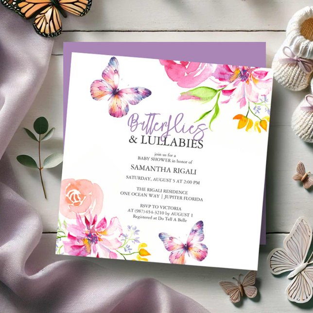 Invitaciones a la ducha para bebés con mariposa (Butterfly baby shower invitations purple watercolor art by Victoria Grigaliunas Do Tell A Belle)