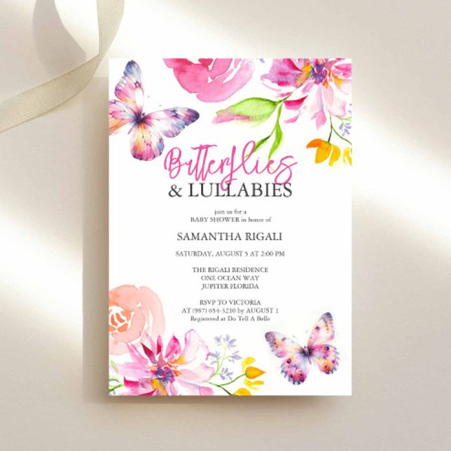Invitaciones a la ducha para bebés con mariposa (Butterfly babyshower invitations in pink, lavender and peach by Victoria Grigaliunas Do Tell A Belle)