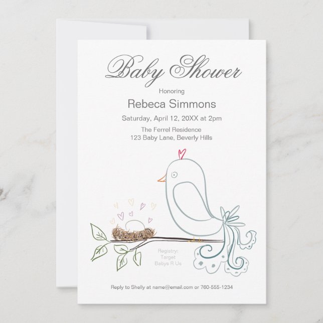 Invitaciones a la ducha para bebés con pájaros y n (Anverso)