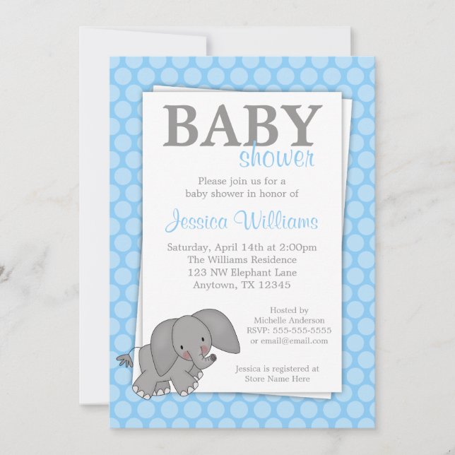 Invitaciones a la ducha para bebés con puntos azul (Anverso)