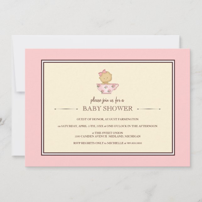 Invitaciones a la ducha para bebés con té rosado (Anverso)