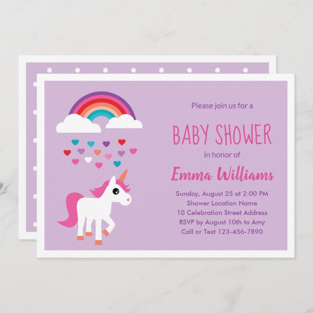Invitaciones a la ducha para bebés con unicornio r (Anverso / Reverso)