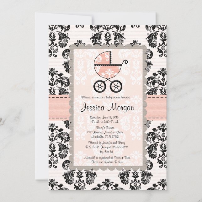Invitaciones a la ducha para bebés damascos rosas  (Anverso)