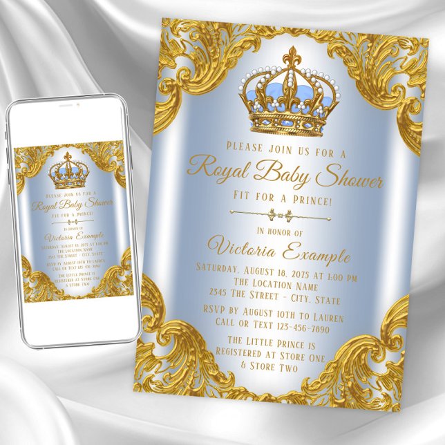 Invitaciones a la ducha para bebés de Baby Blue Go (Baby blue gold prince baby shower invitation. Instant download and printed invitations available.)