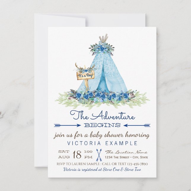 Invitaciones a la ducha para bebés de Boho TeePee  (Anverso)