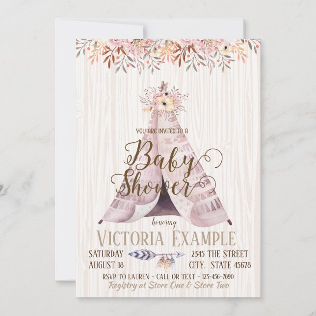 Invitaciones a la ducha para bebés de Boho TeePee  (Anverso)
